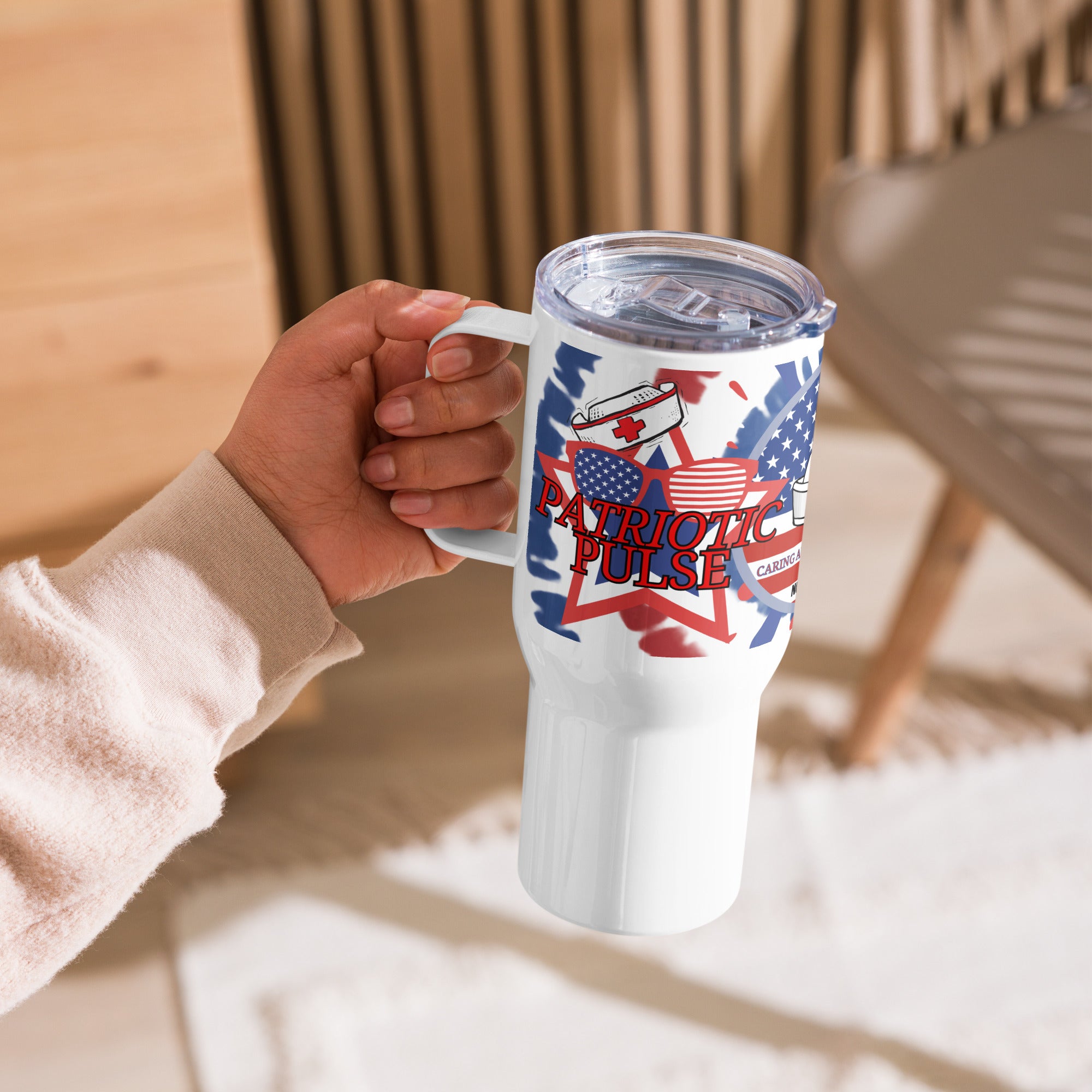 Patriotic Pulse: Caring Around the Clock - Nurse Tumbler (Travel Mug) with Handle